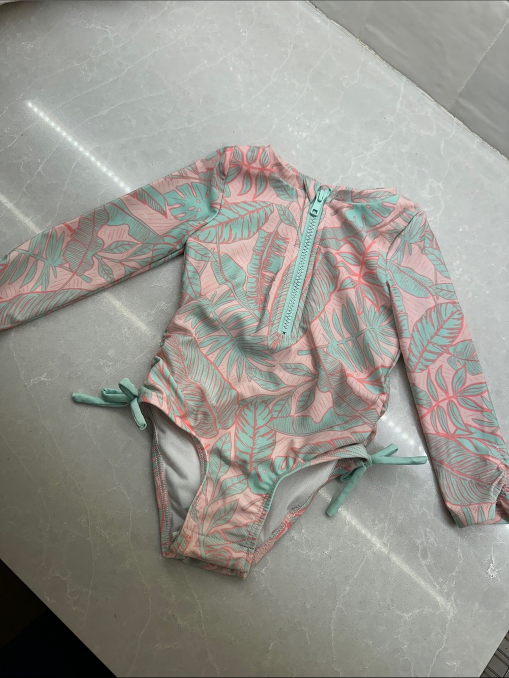 Cat & Jack Pink and Mint Leaf-Print Long-Sleeve One-Piece Rashguard